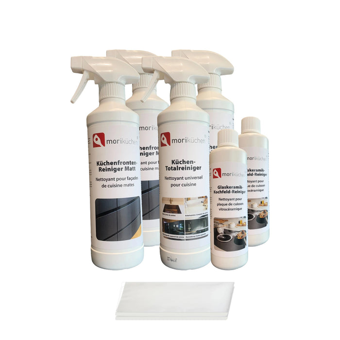 Küchenpflege Vorrats-Set für matte Fronten: je 2 Küchenfronten-Reiniger Matt, Küchen-Totalreiniger, Glaskeramik-Kochfeld-Reiniger und Premium-Tücher