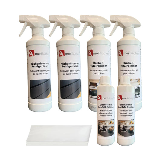 Küchenpflege Vorrats-Set für matte Fronten: je 2 Küchenfronten-Reiniger Matt, Küchen-Totalreiniger, Glaskeramik-Kochfeld-Reiniger und Premium-Tücher